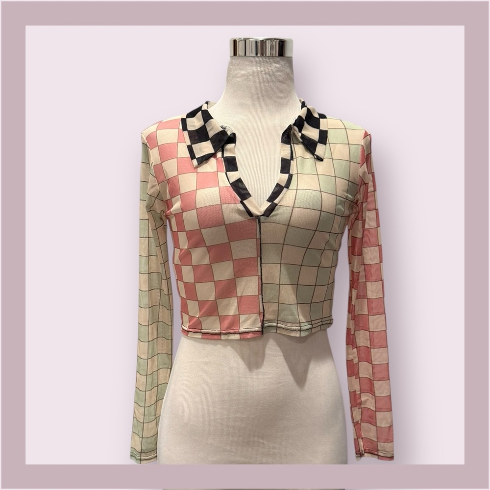 Daisy Street Checkered Mesh Crop Top - Picture 2 of 4
